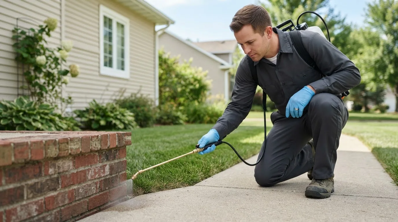 Pest control technician treating a home near Bloomington, CA
