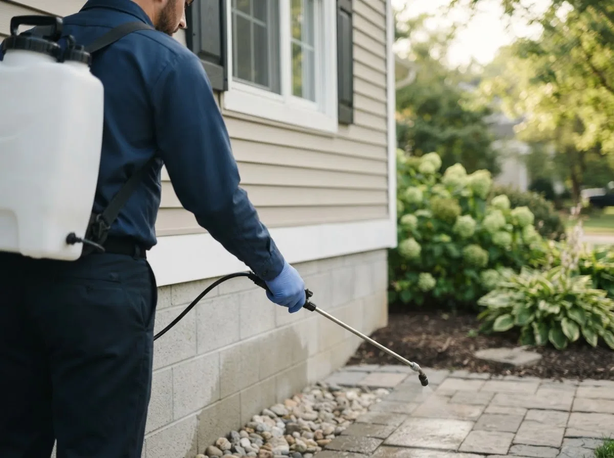 Pest control technician inspecting a home in Bloomington, CA